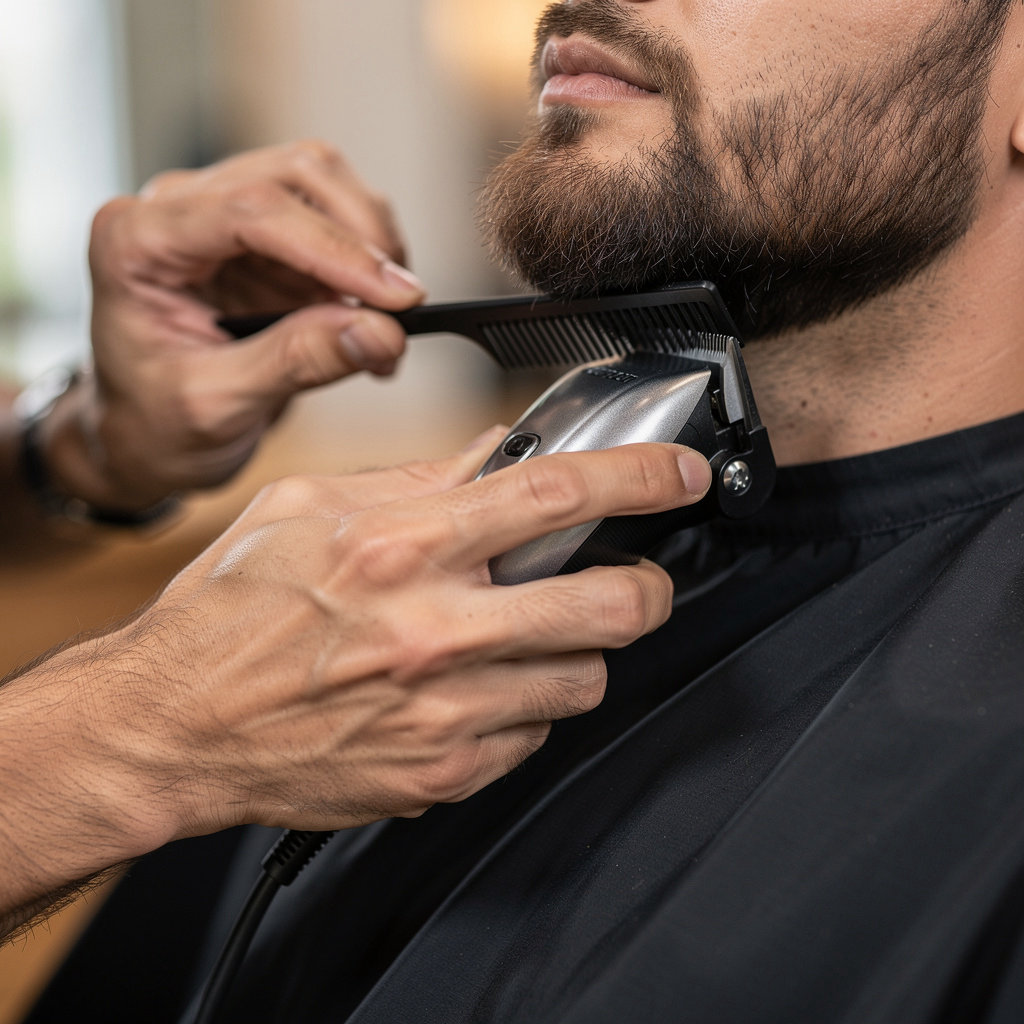 Studio One Hair Design barber providing a precision beard trim and shaping service in Santa Barbara