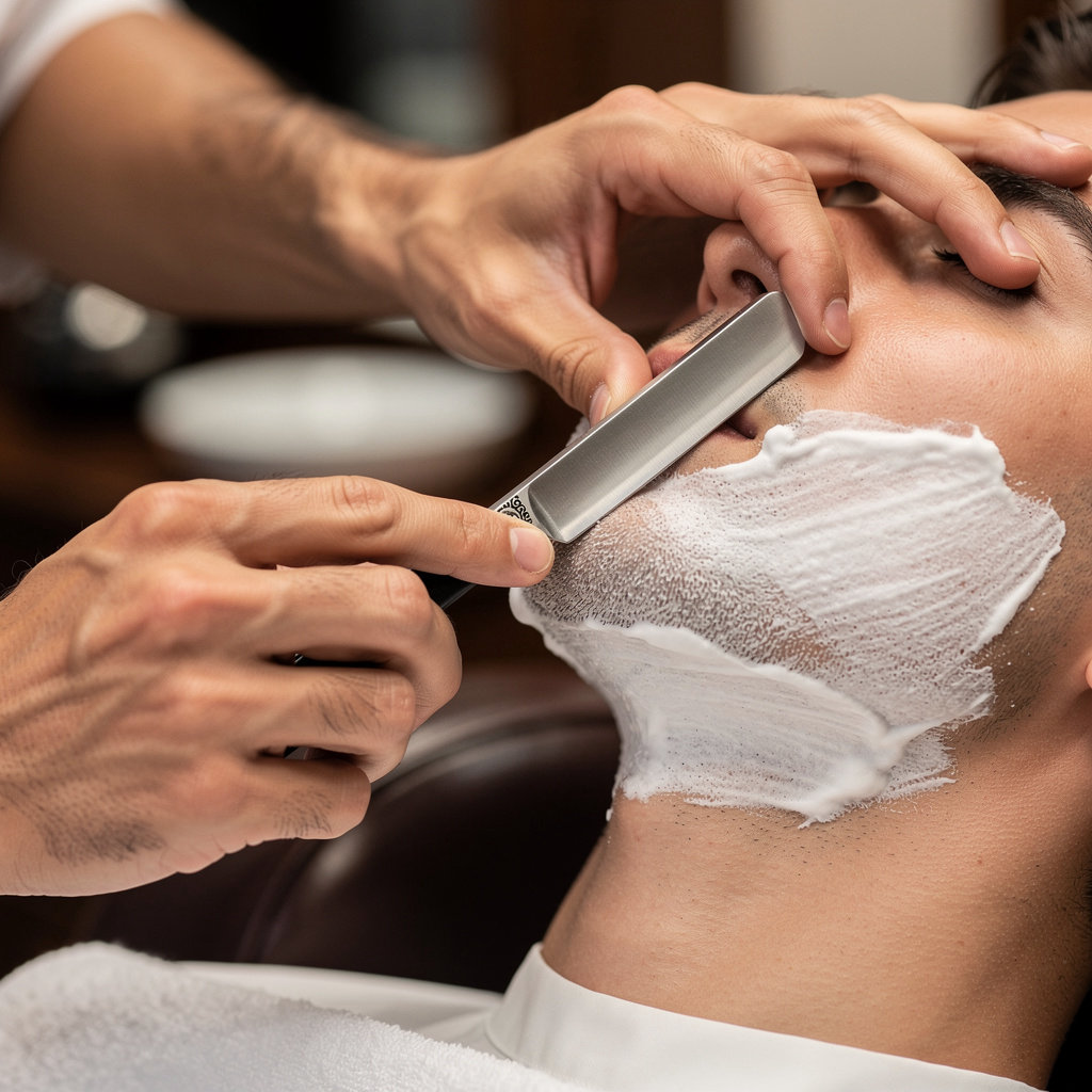 Studio One Hair Design barber performing a traditional straight razor shave in Santa Barbara, CA